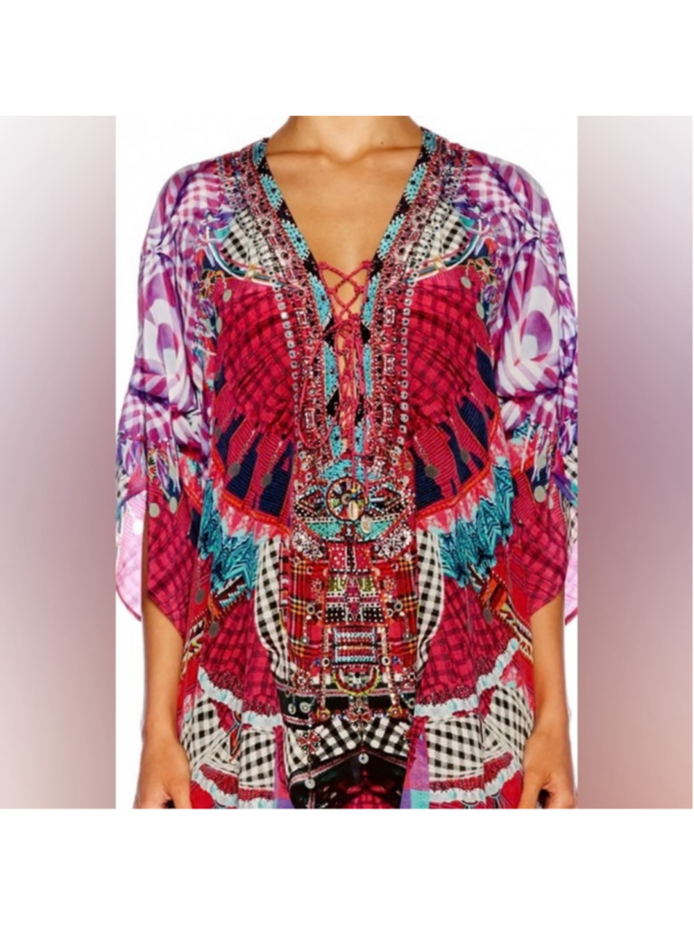 Camilla Desert Discotheque silk blouse lace-up heavily embellished boho sz 8